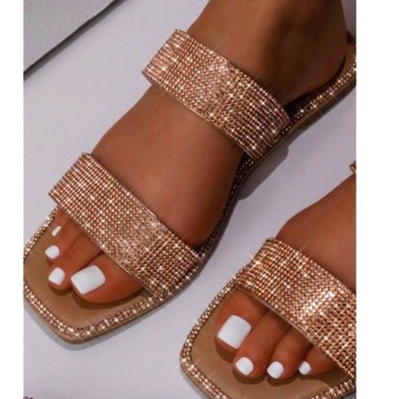 !! NEW !! Embellished Double Strap Square Toe Sandals in Rose Gold - Picture 1 of 12